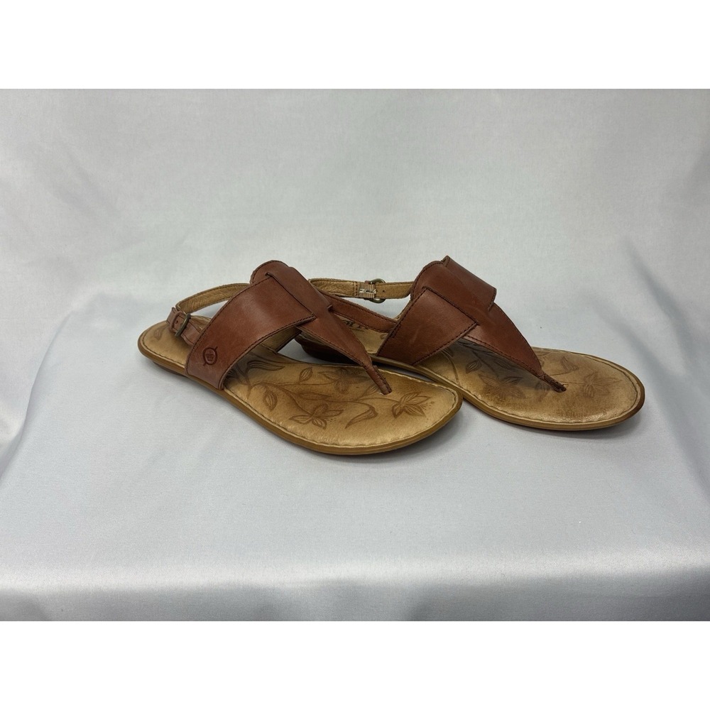 Born Leather Thong Sandals Womens Brown Excellent Floral Embossed Slingback Flat - Picture 4 of 7